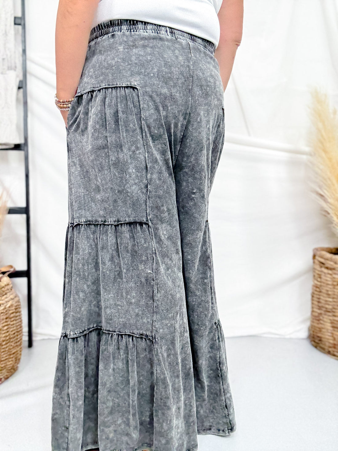 Black Mineral Washed Tiered Wide Leg Pants - Whiskey Skies - OLI & HALI