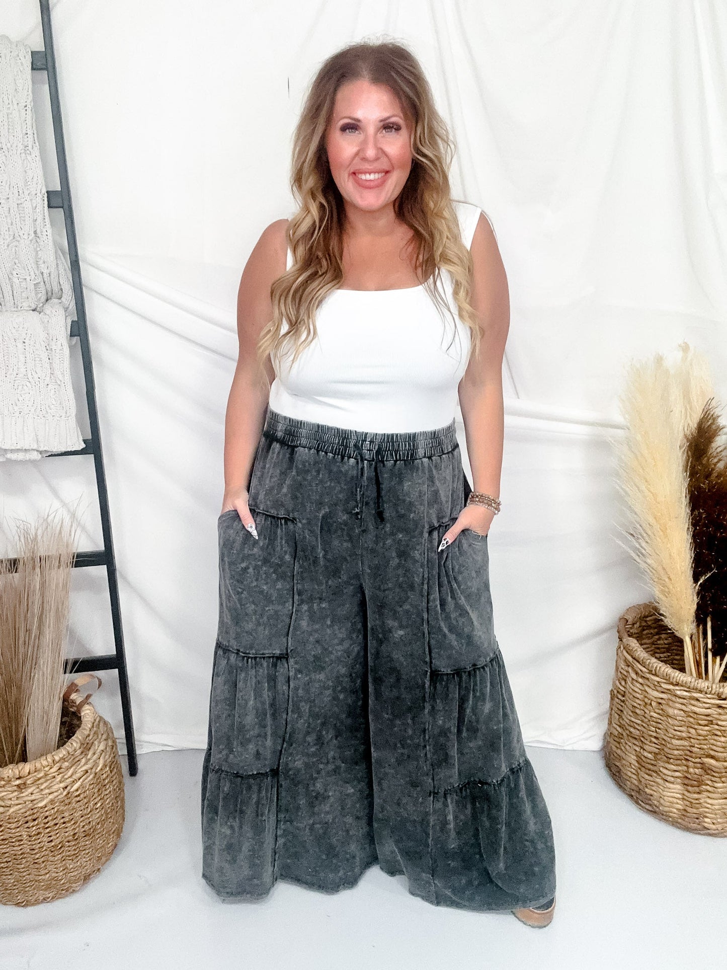 Black Mineral Washed Tiered Wide Leg Pants - Whiskey Skies - OLI & HALI
