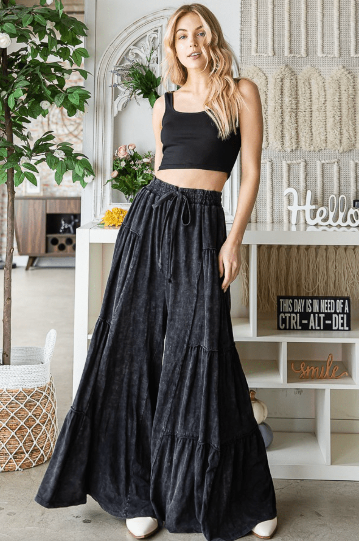 Black Mineral Washed Tiered Wide Leg Pants - Whiskey Skies - OLI & HALI