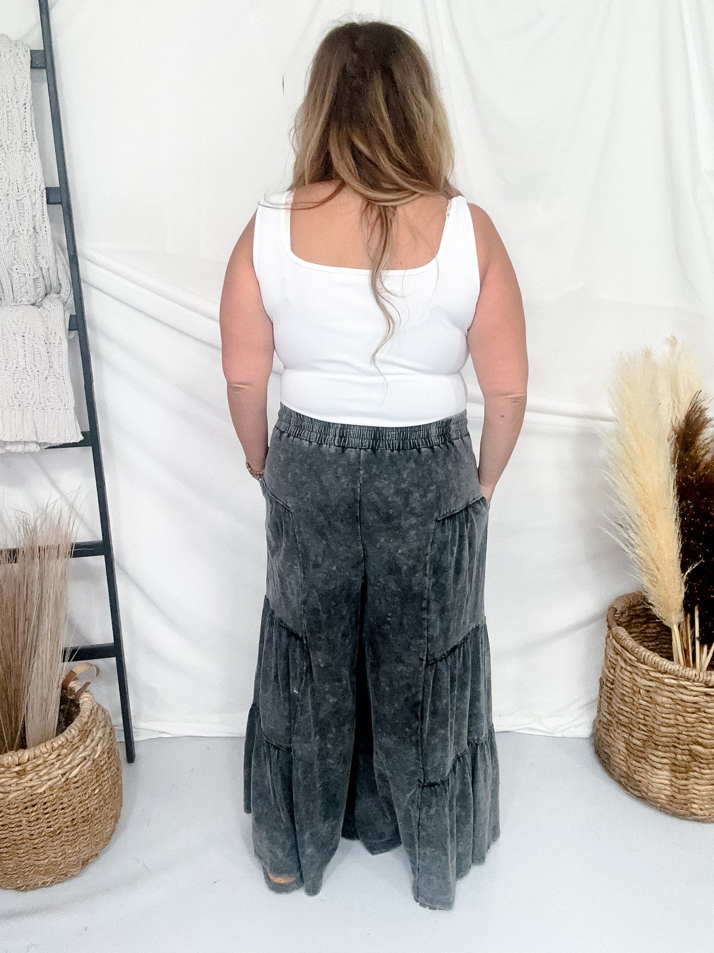 Black Mineral Washed Tiered Wide Leg Pants - Whiskey Skies - OLI & HALI