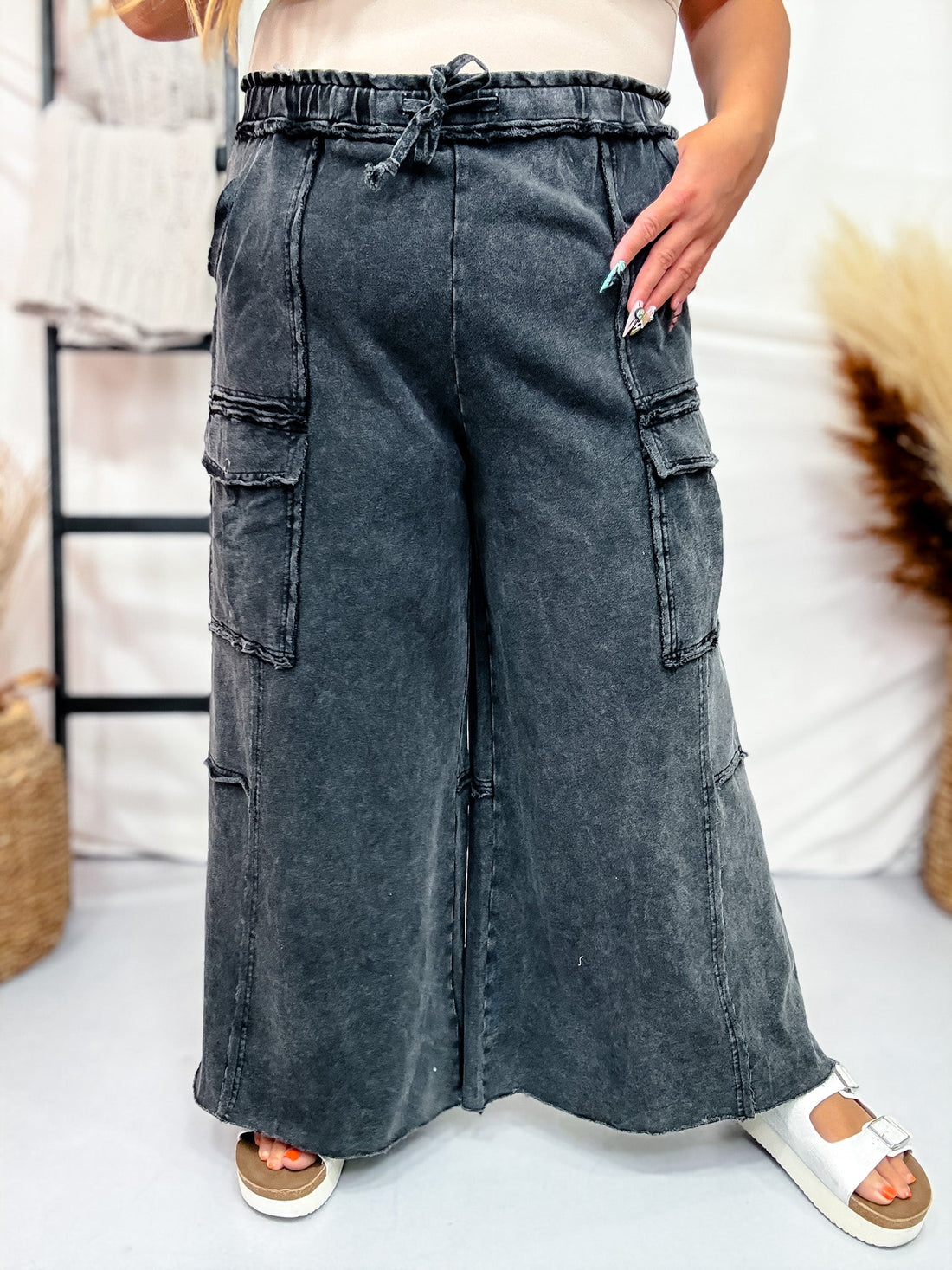 Black Mineral Washed Wide Leg Cargo Pants - Whiskey Skies - EASEL
