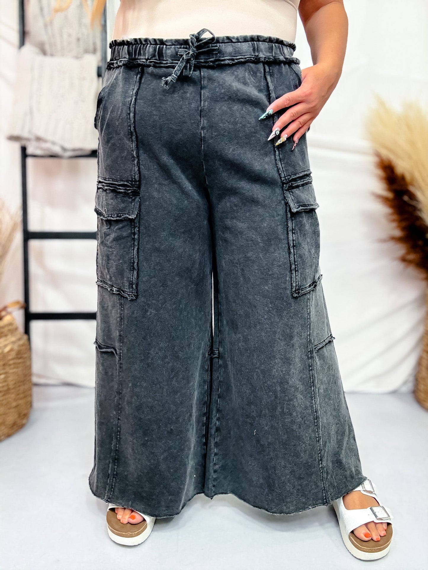 Black Mineral Washed Wide Leg Cargo Pants - Whiskey Skies - EASEL