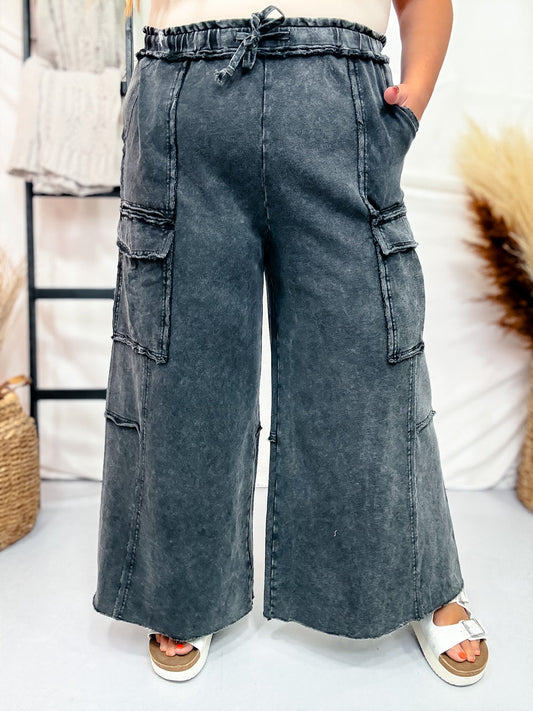 Black Mineral Washed Wide Leg Cargo Pants - Whiskey Skies - EASEL