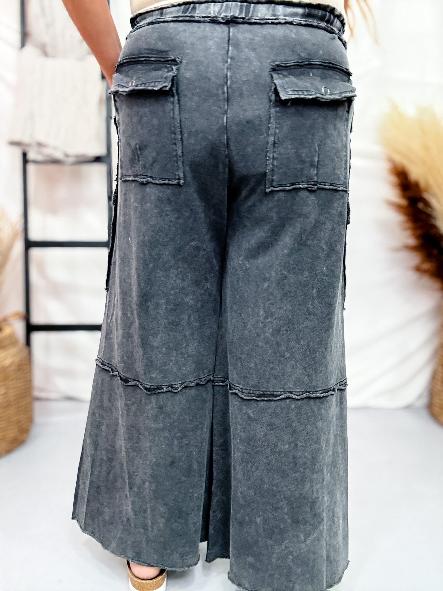 Black Mineral Washed Wide Leg Cargo Pants - Whiskey Skies - EASEL