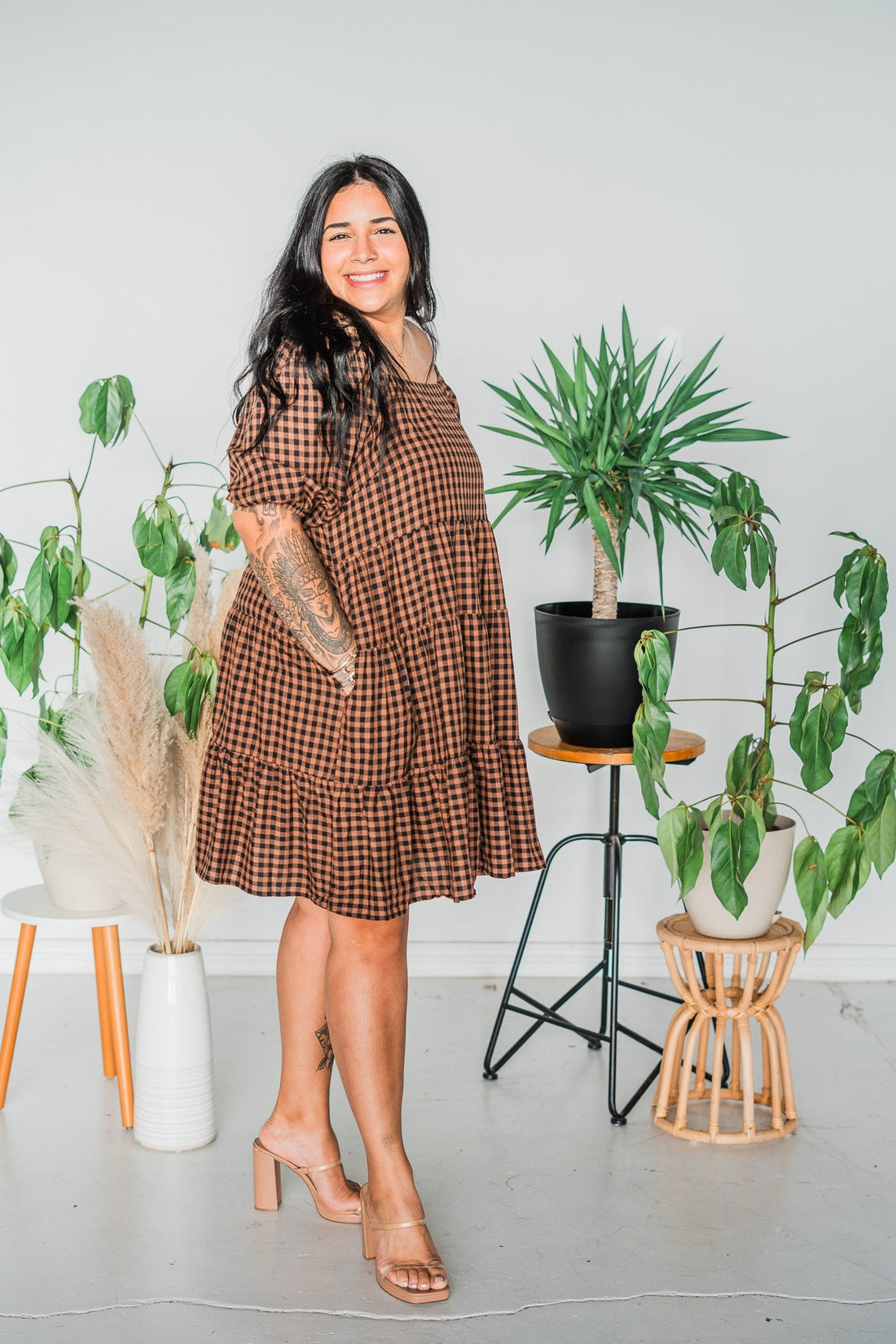 Black Mocha Gingham Midi Dress - Whiskey Skies - EASEL