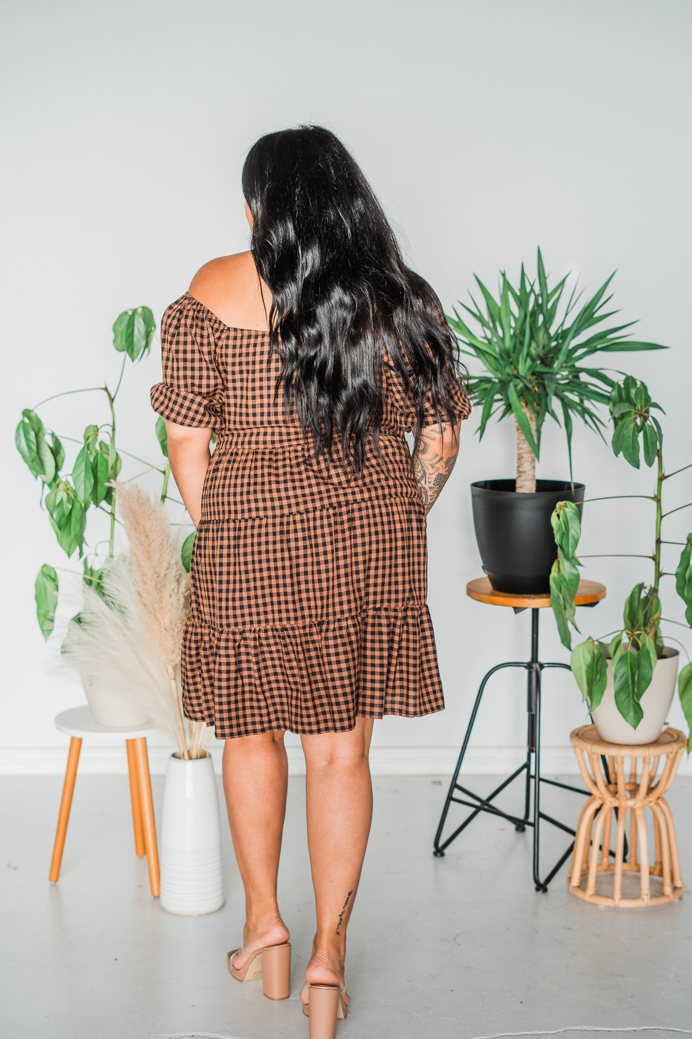 Black Mocha Gingham Midi Dress - Whiskey Skies - EASEL