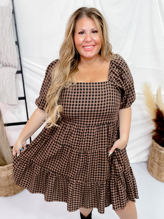 Black Mocha Gingham Midi Dress - Whiskey Skies - EASEL