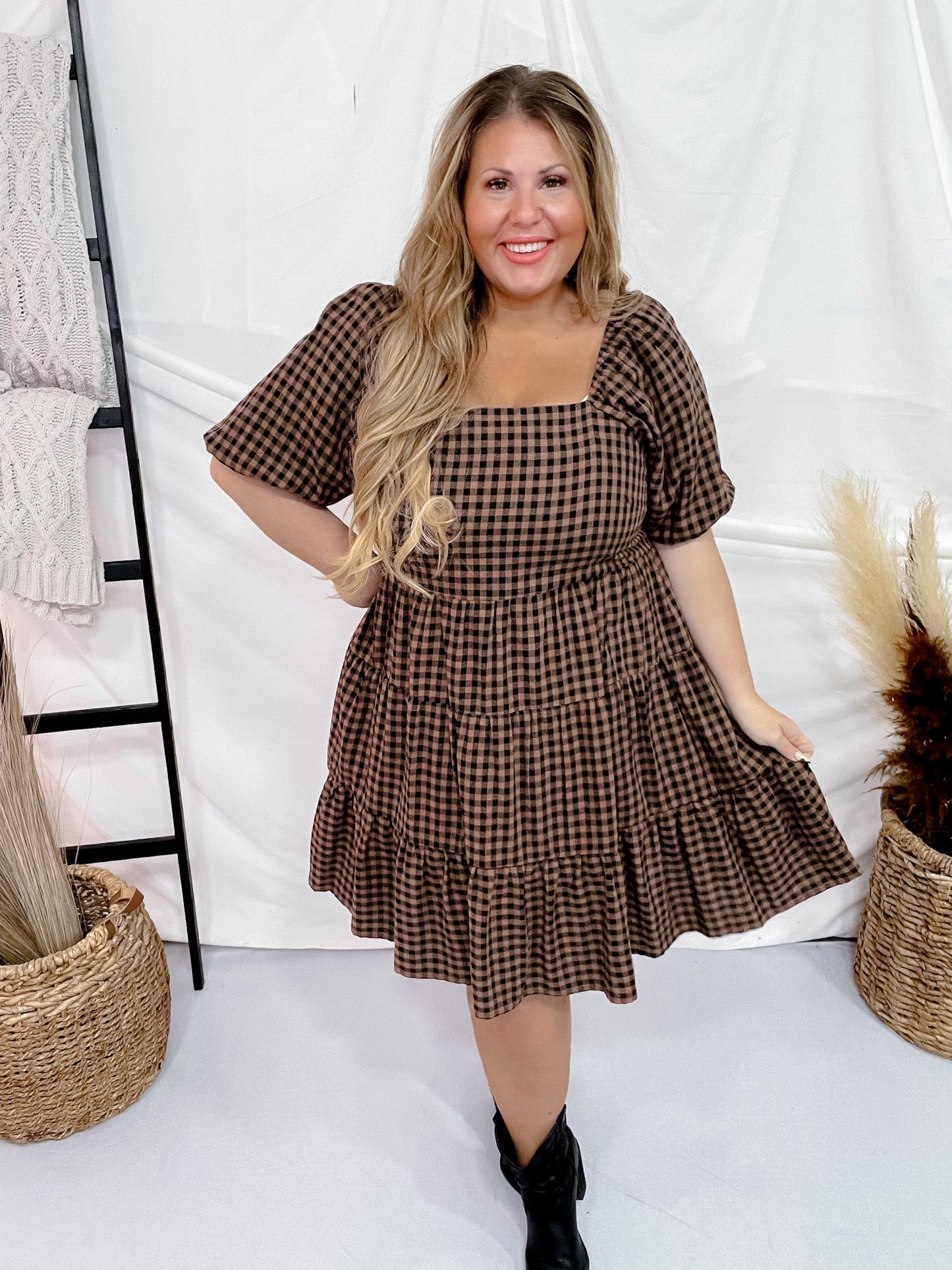 Black Mocha Gingham Midi Dress - Whiskey Skies - EASEL