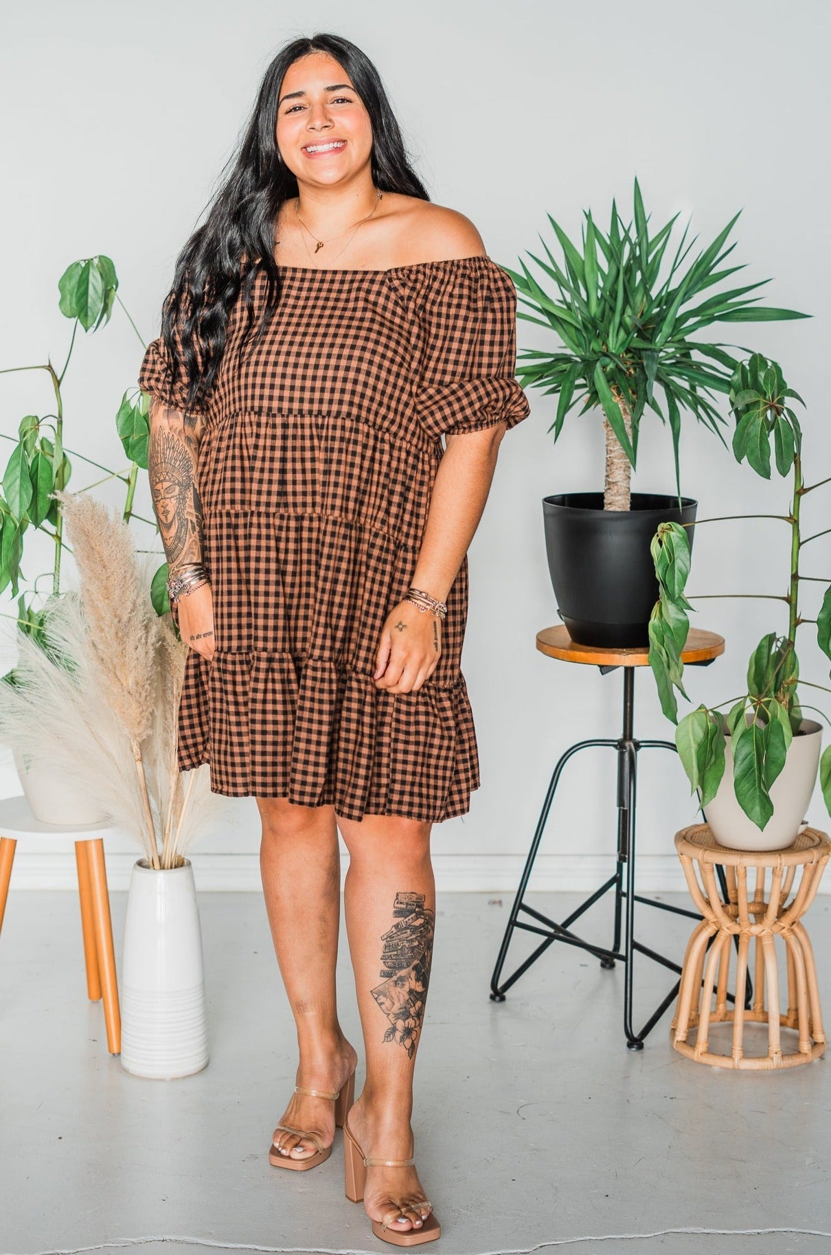 Black Mocha Gingham Midi Dress - Whiskey Skies - EASEL