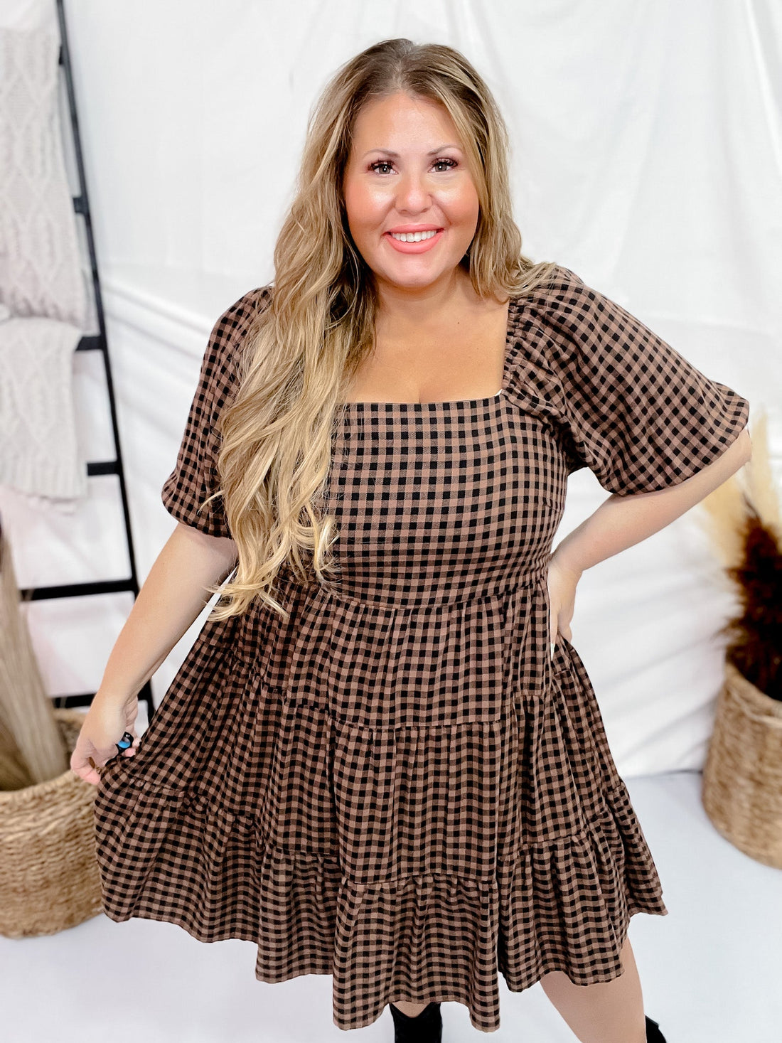 Black Mocha Gingham Midi Dress - Whiskey Skies - EASEL