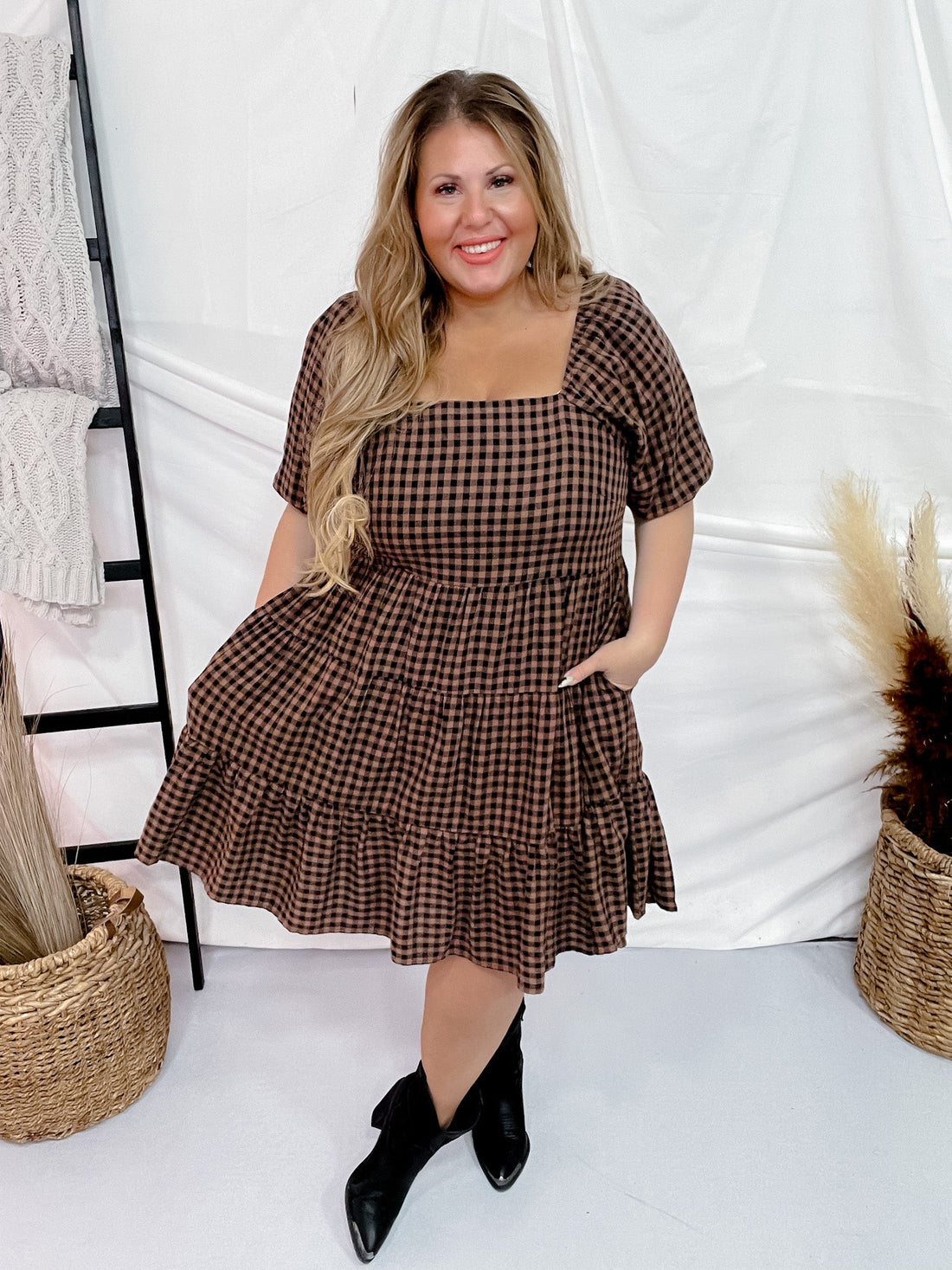 Black Mocha Gingham Midi Dress - Whiskey Skies - EASEL