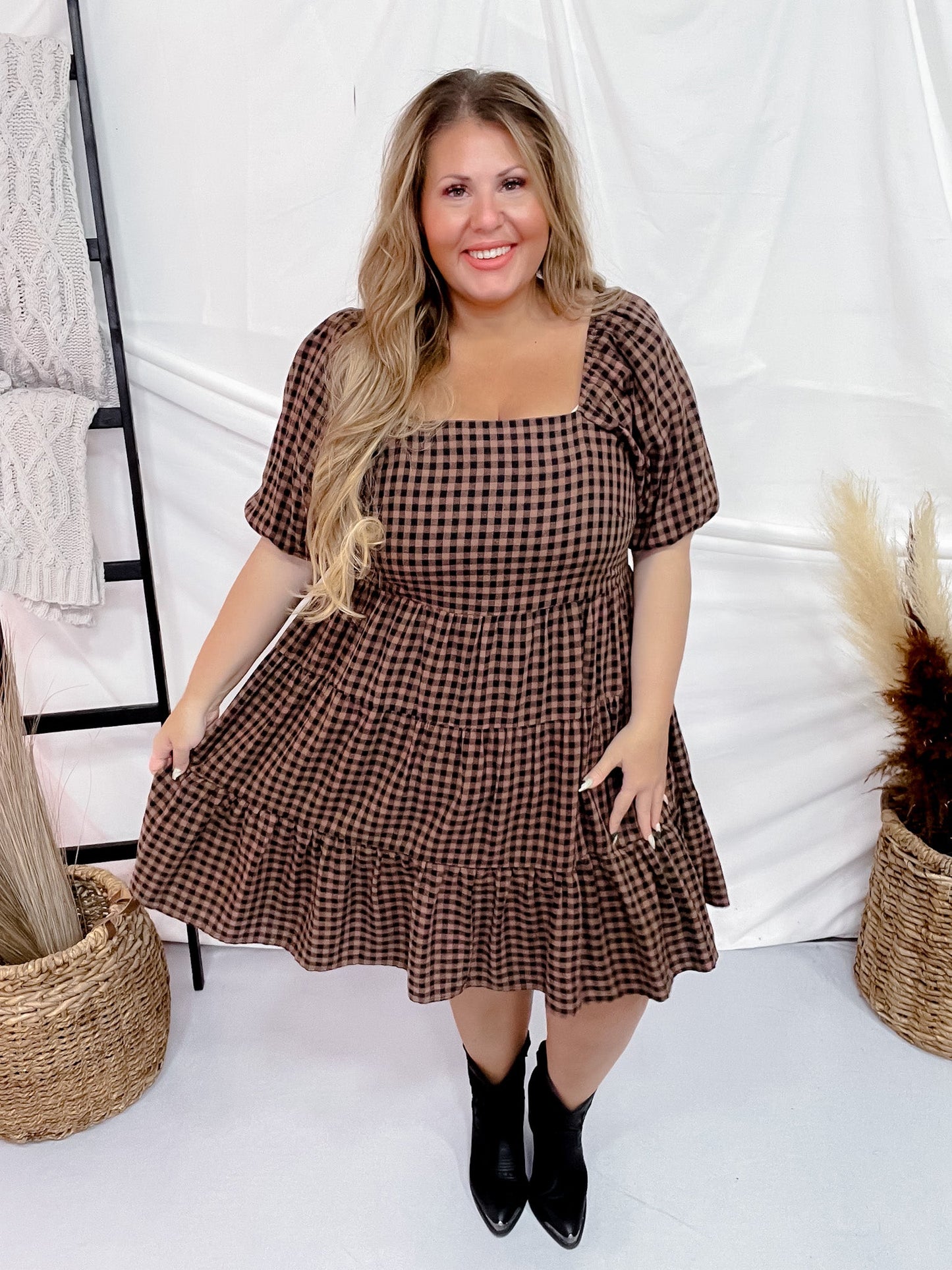 Black Mocha Gingham Midi Dress - Whiskey Skies - EASEL