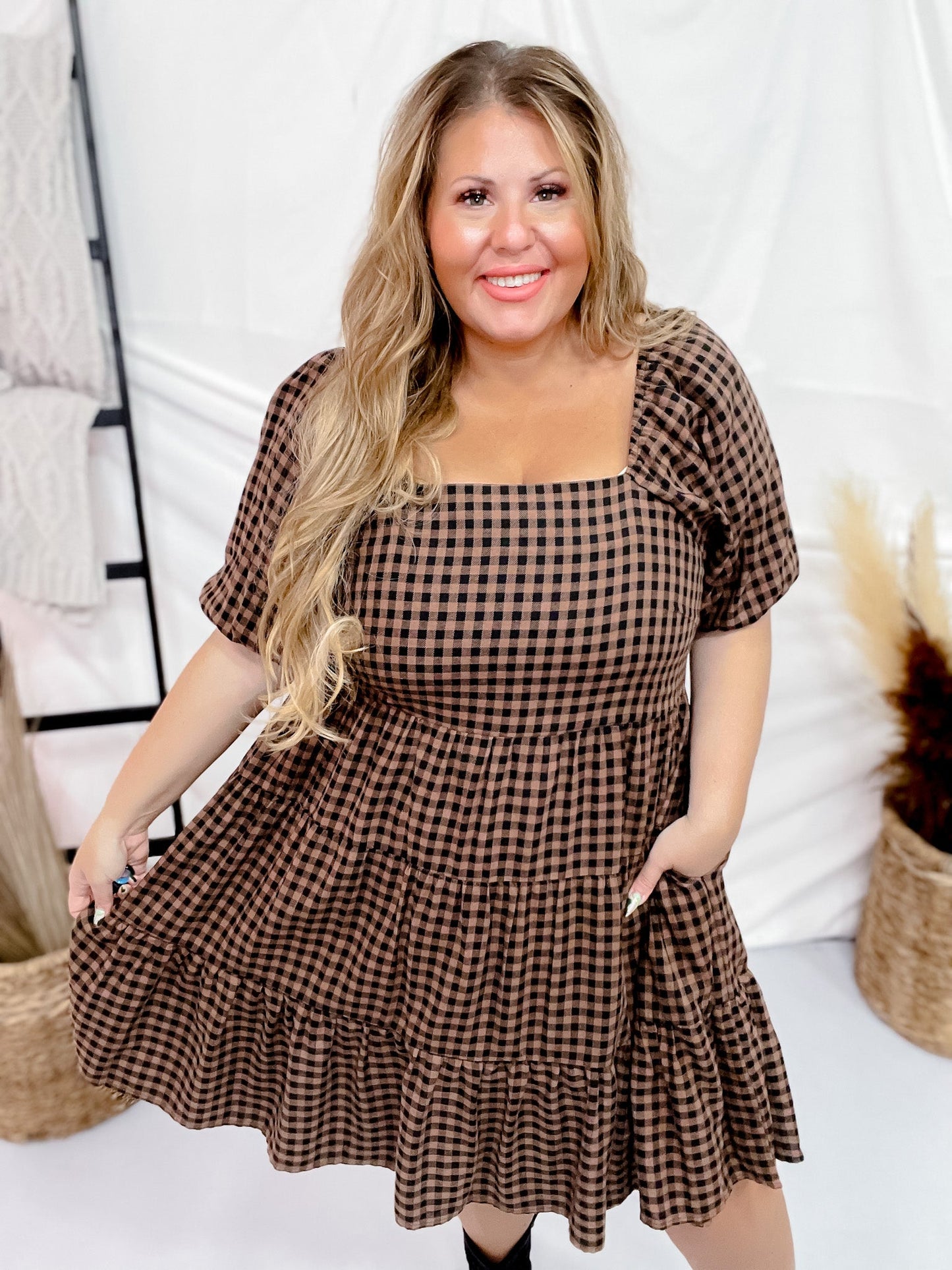 Black Mocha Gingham Midi Dress - Whiskey Skies - EASEL