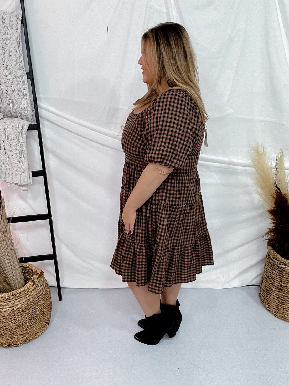 Black Mocha Gingham Midi Dress - Whiskey Skies - EASEL