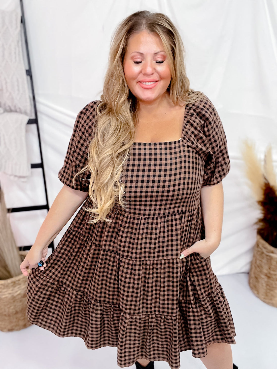 Black Mocha Gingham Midi Dress - Whiskey Skies - EASEL