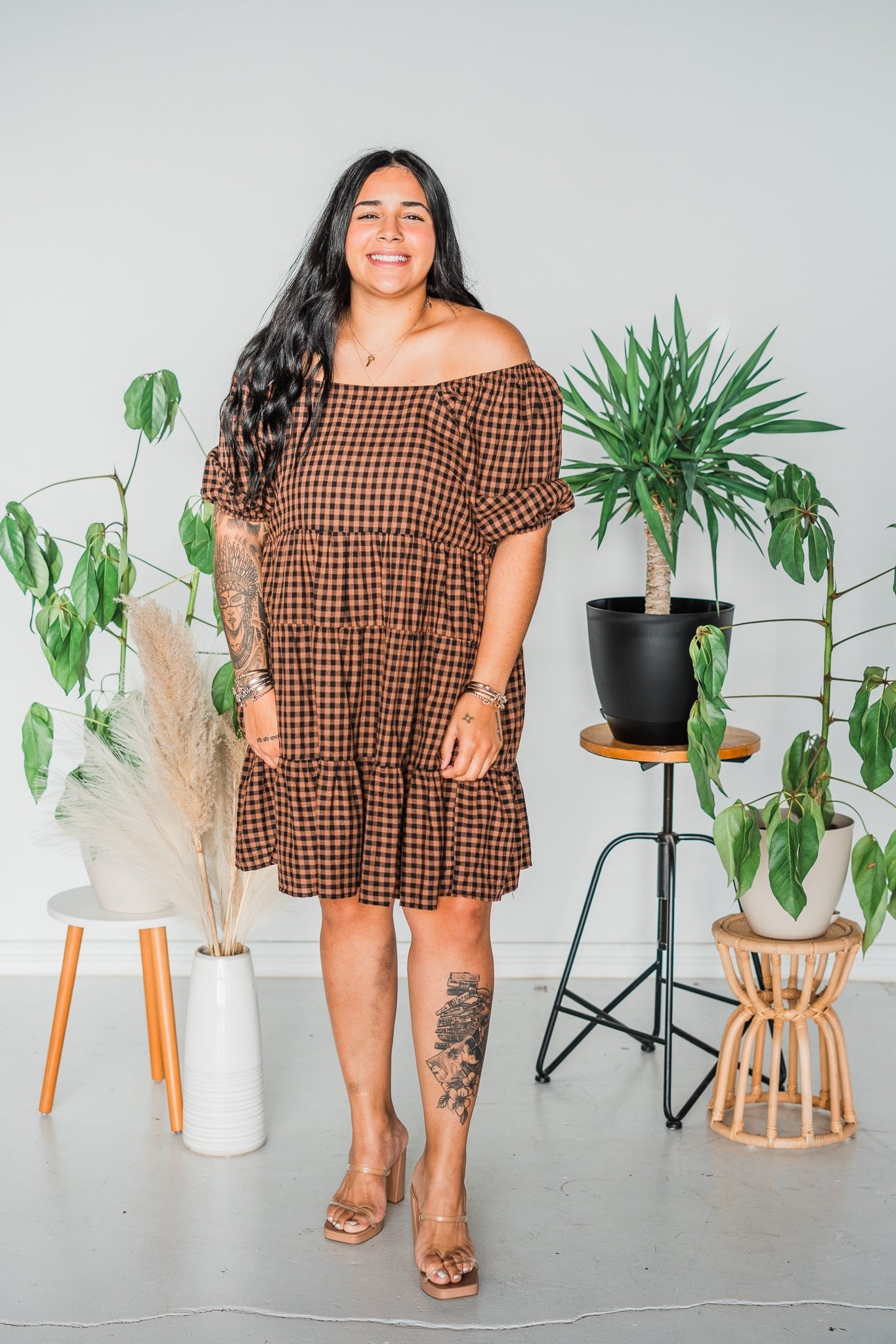 Black Mocha Gingham Midi Dress - Whiskey Skies - EASEL