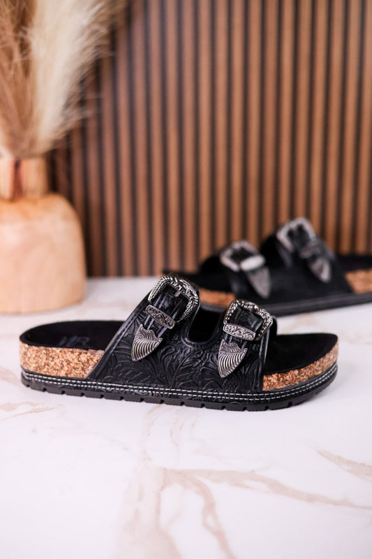 Black "Morgana" Dual Strap Tooled Faux Leather Sandals - Whiskey Skies - NAUGHTY MONKEY