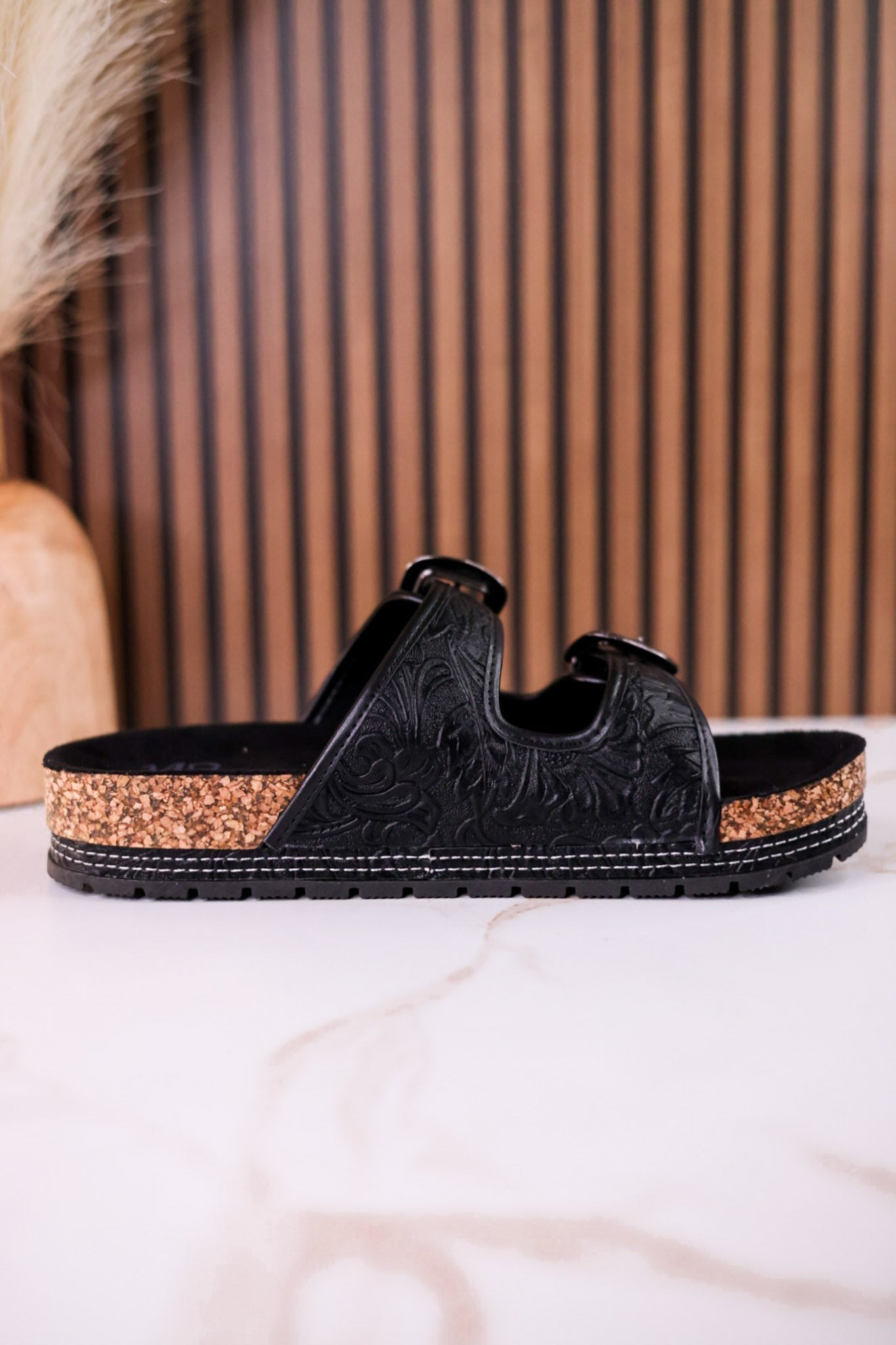Black "Morgana" Dual Strap Tooled Faux Leather Sandals - Whiskey Skies - NAUGHTY MONKEY