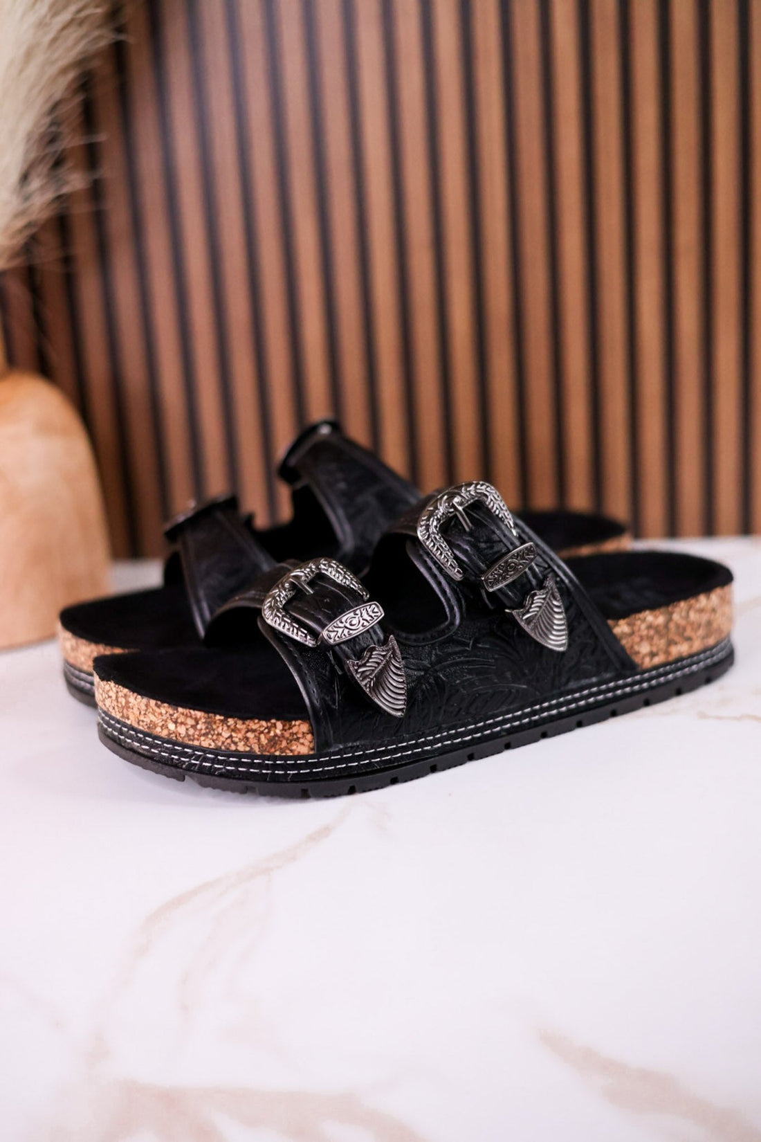 Black "Morgana" Dual Strap Tooled Faux Leather Sandals - Whiskey Skies - NAUGHTY MONKEY