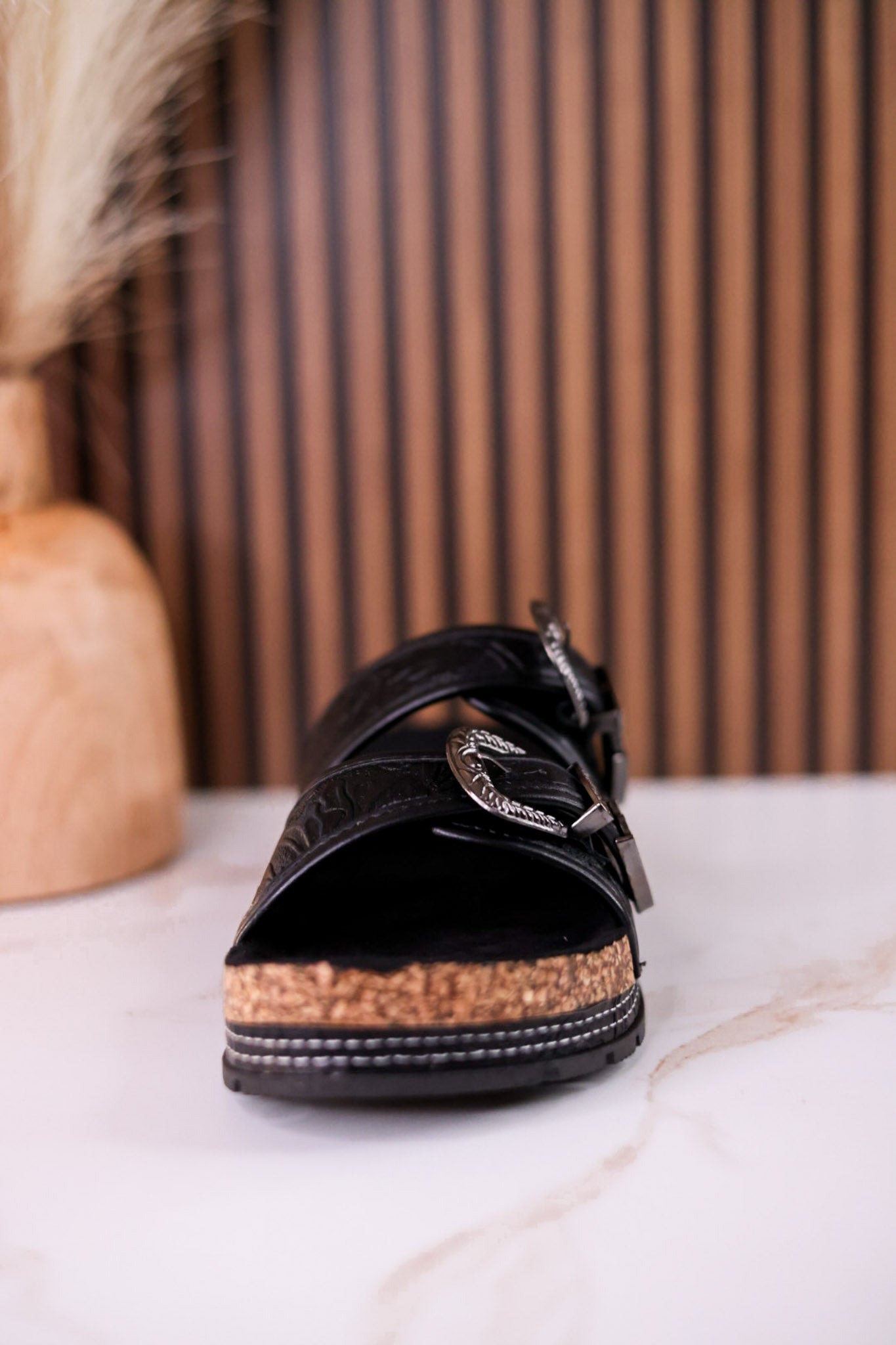 Black "Morgana" Dual Strap Tooled Faux Leather Sandals - Whiskey Skies - NAUGHTY MONKEY