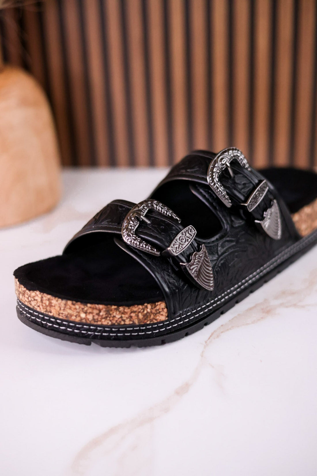 Black "Morgana" Dual Strap Tooled Faux Leather Sandals - Whiskey Skies - NAUGHTY MONKEY