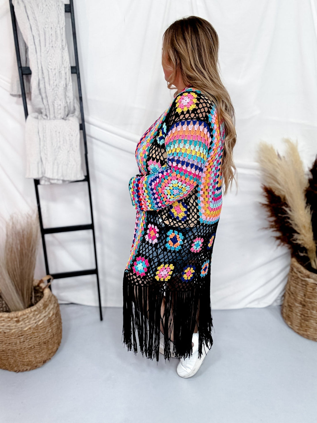 Black Multicolor Crochet Fringe Open Front Cardigan Duster - Whiskey Skies - SWEET GENERIS