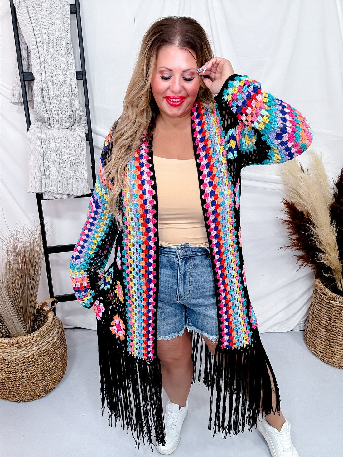 Black Multicolor Crochet Fringe Open Front Cardigan Duster - Whiskey Skies - SWEET GENERIS