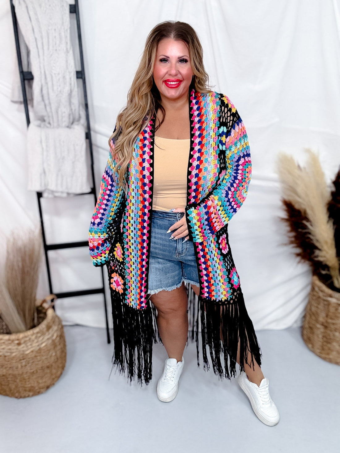 Black Multicolor Crochet Fringe Open Front Cardigan Duster - Whiskey Skies - SWEET GENERIS