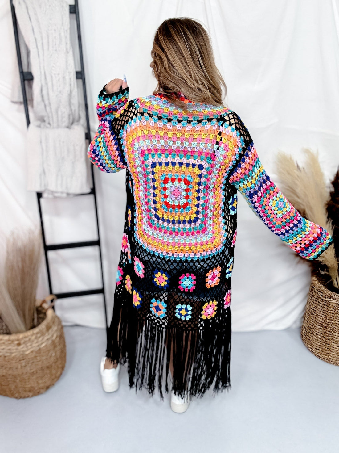 Black Multicolor Crochet Fringe Open Front Cardigan Duster - Whiskey Skies - SWEET GENERIS
