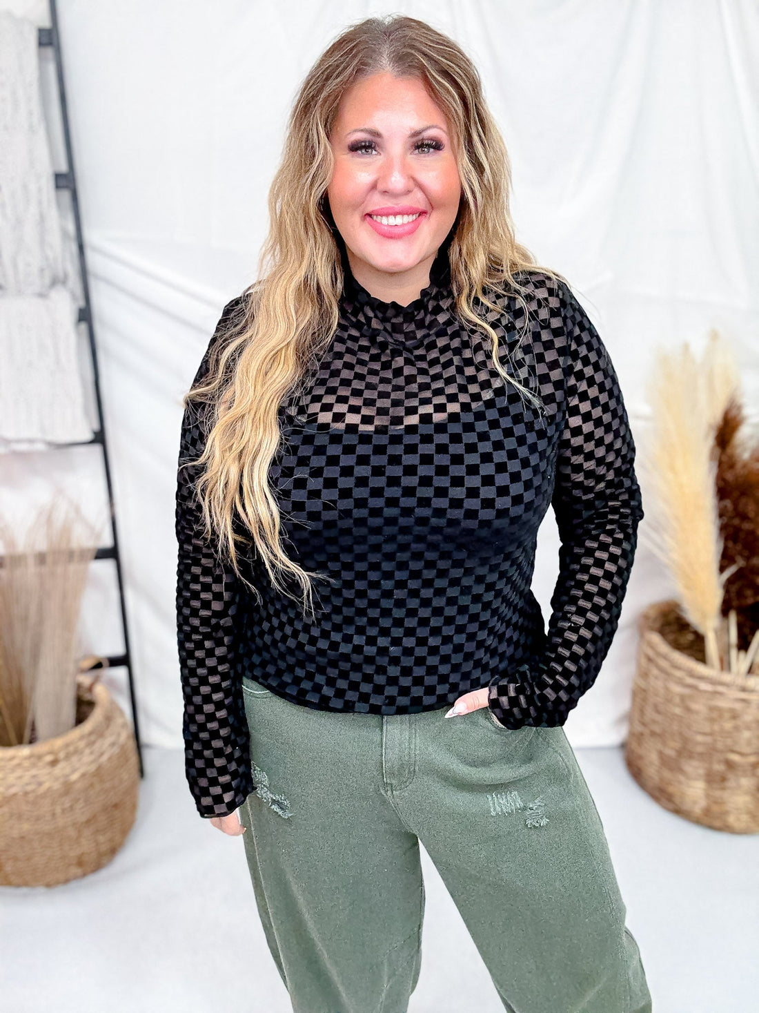 Black On Black Checkerboard Long Sleeve Mesh Top - Whiskey Skies - JADE BY JANE