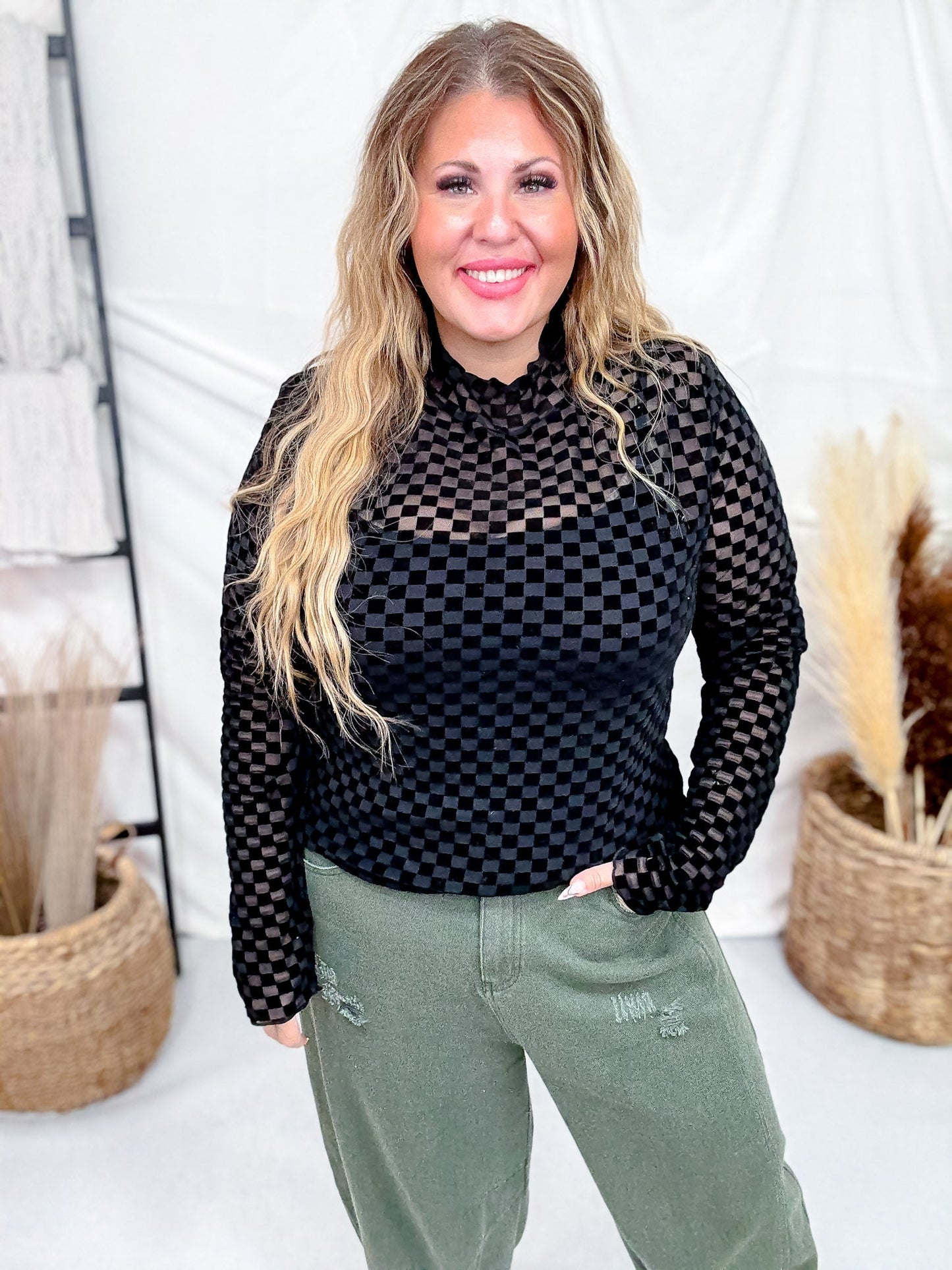 Black On Black Checkerboard Long Sleeve Mesh Top - Whiskey Skies - JADE BY JANE