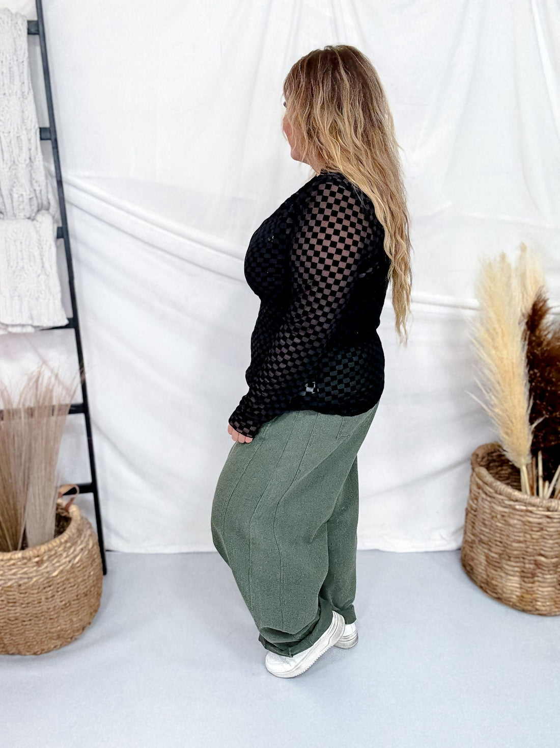 Black On Black Checkerboard Long Sleeve Mesh Top - Whiskey Skies - JADE BY JANE