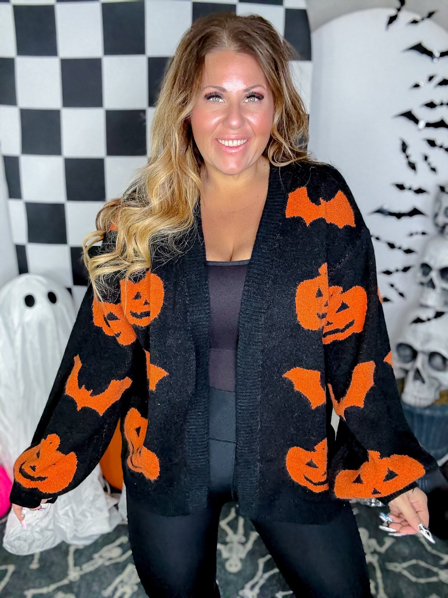 Black Open Front Cardigan With Orange Bats & Jack - O - Lanterns - Whiskey Skies - BIBI