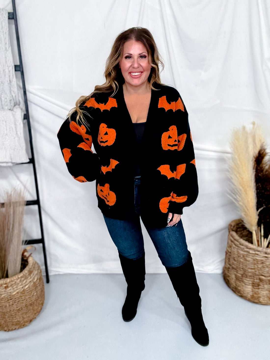 Black Open Front Cardigan With Orange Bats & Jack - O - Lanterns - Whiskey Skies - BIBI