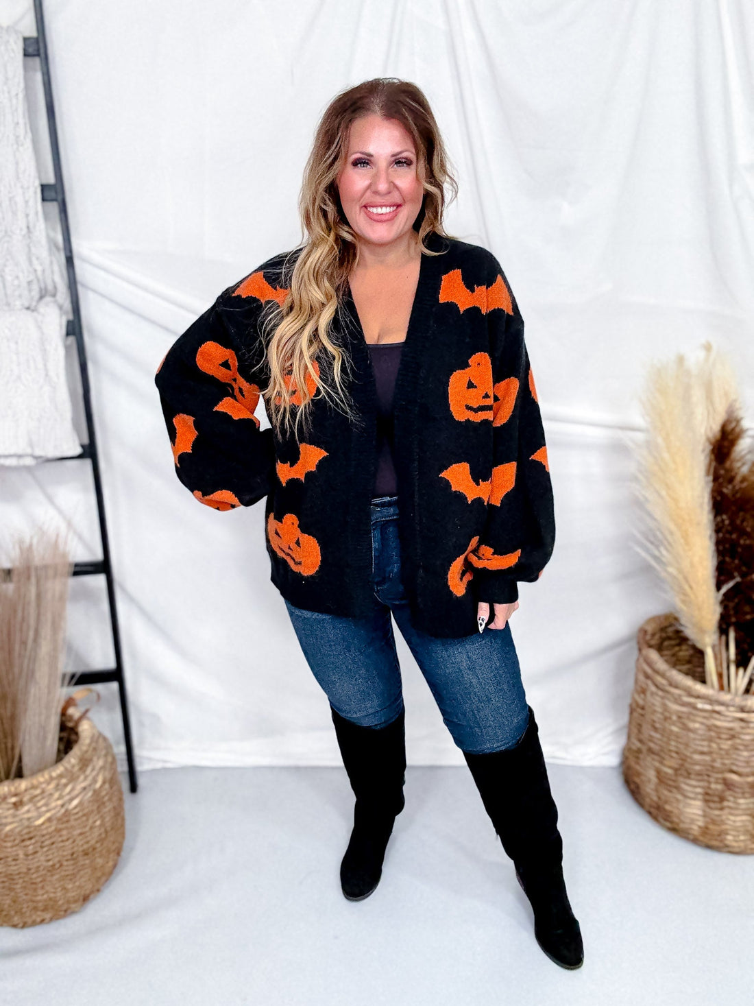 Black Open Front Cardigan With Orange Bats & Jack - O - Lanterns - Whiskey Skies - BIBI