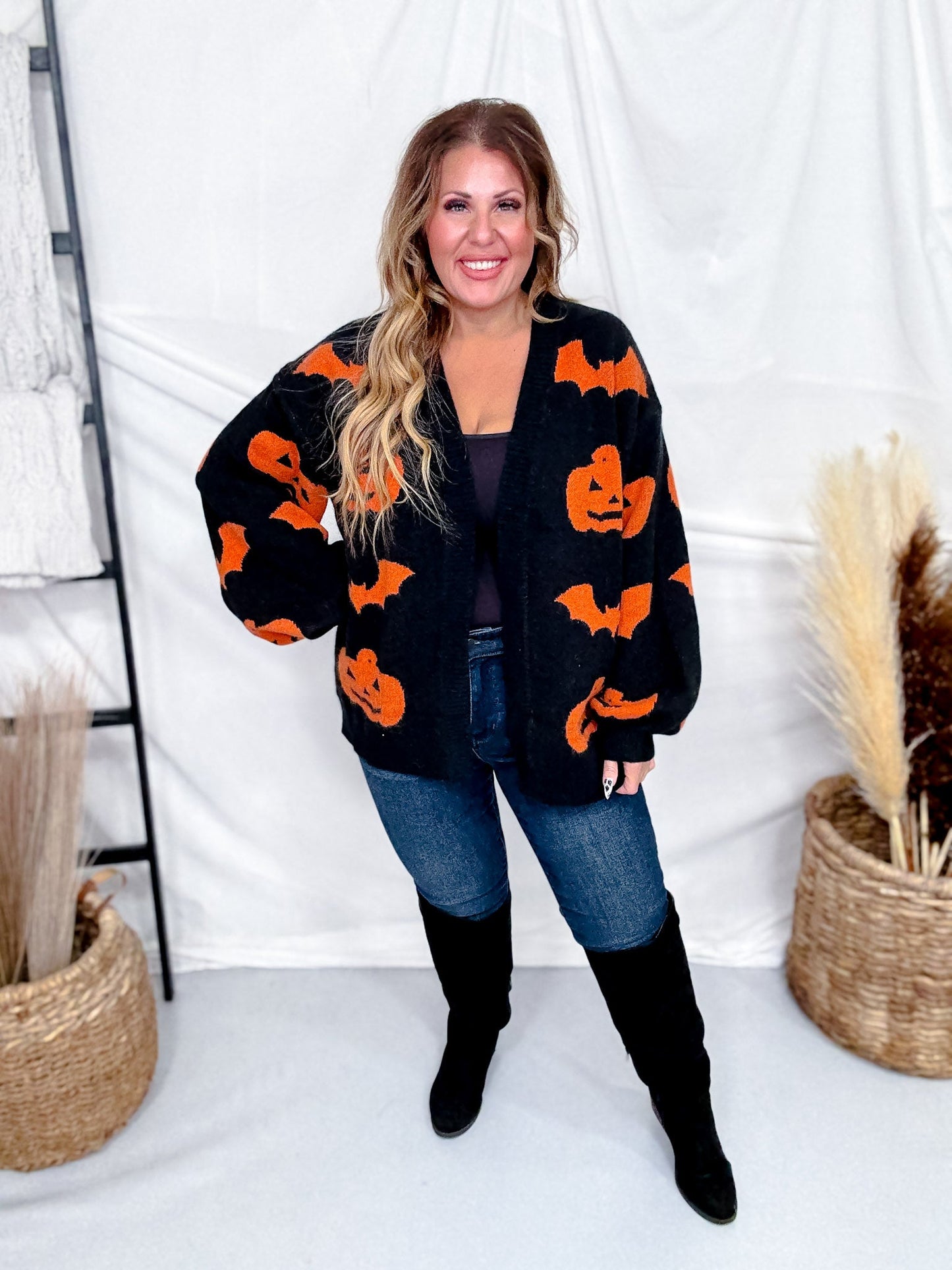 Black Open Front Cardigan With Orange Bats & Jack - O - Lanterns - Whiskey Skies - BIBI