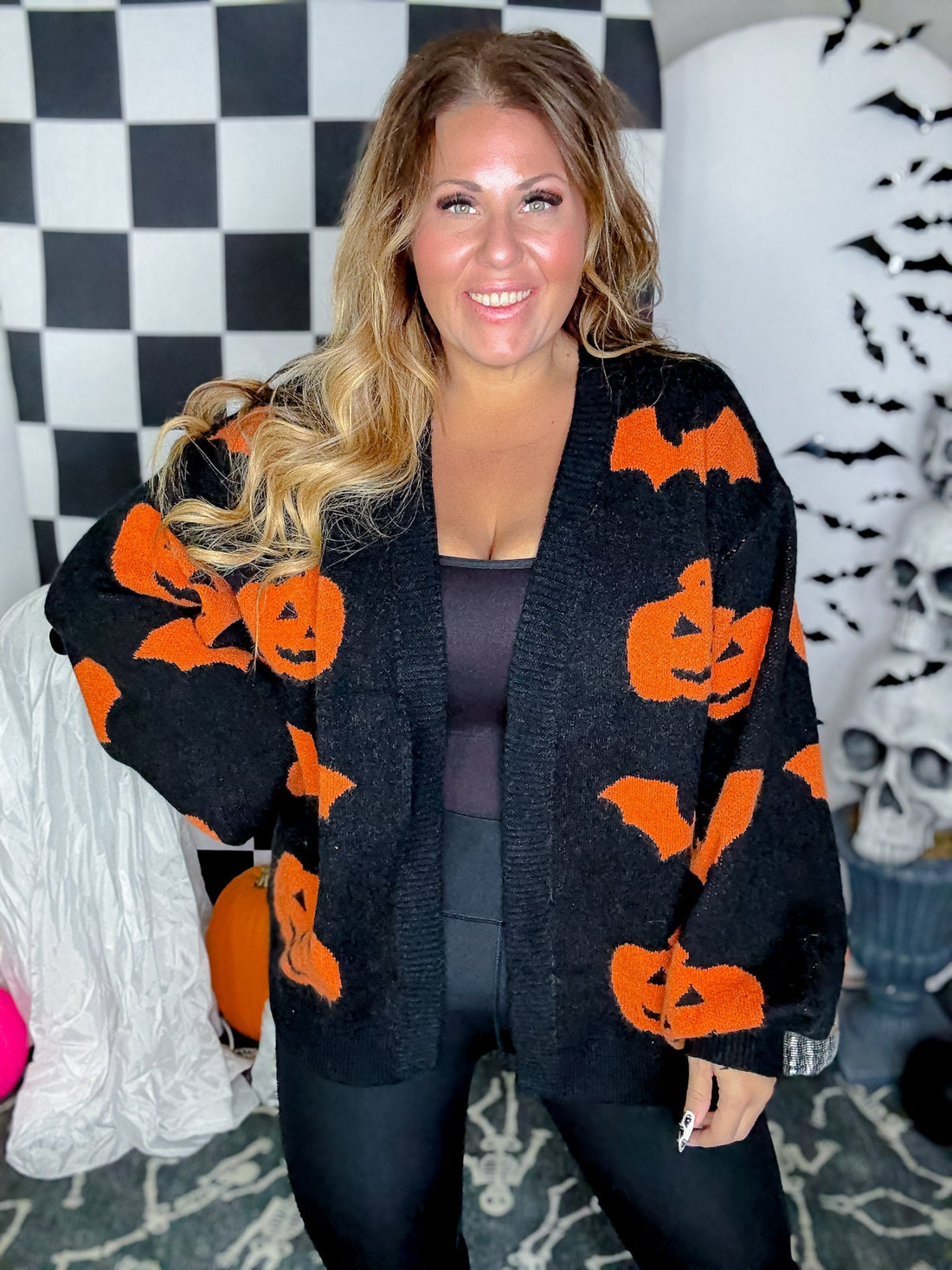 Black Open Front Cardigan With Orange Bats & Jack - O - Lanterns - Whiskey Skies - BIBI