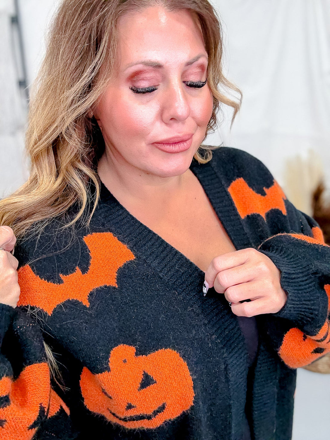 Black Open Front Cardigan With Orange Bats & Jack - O - Lanterns - Whiskey Skies - BIBI