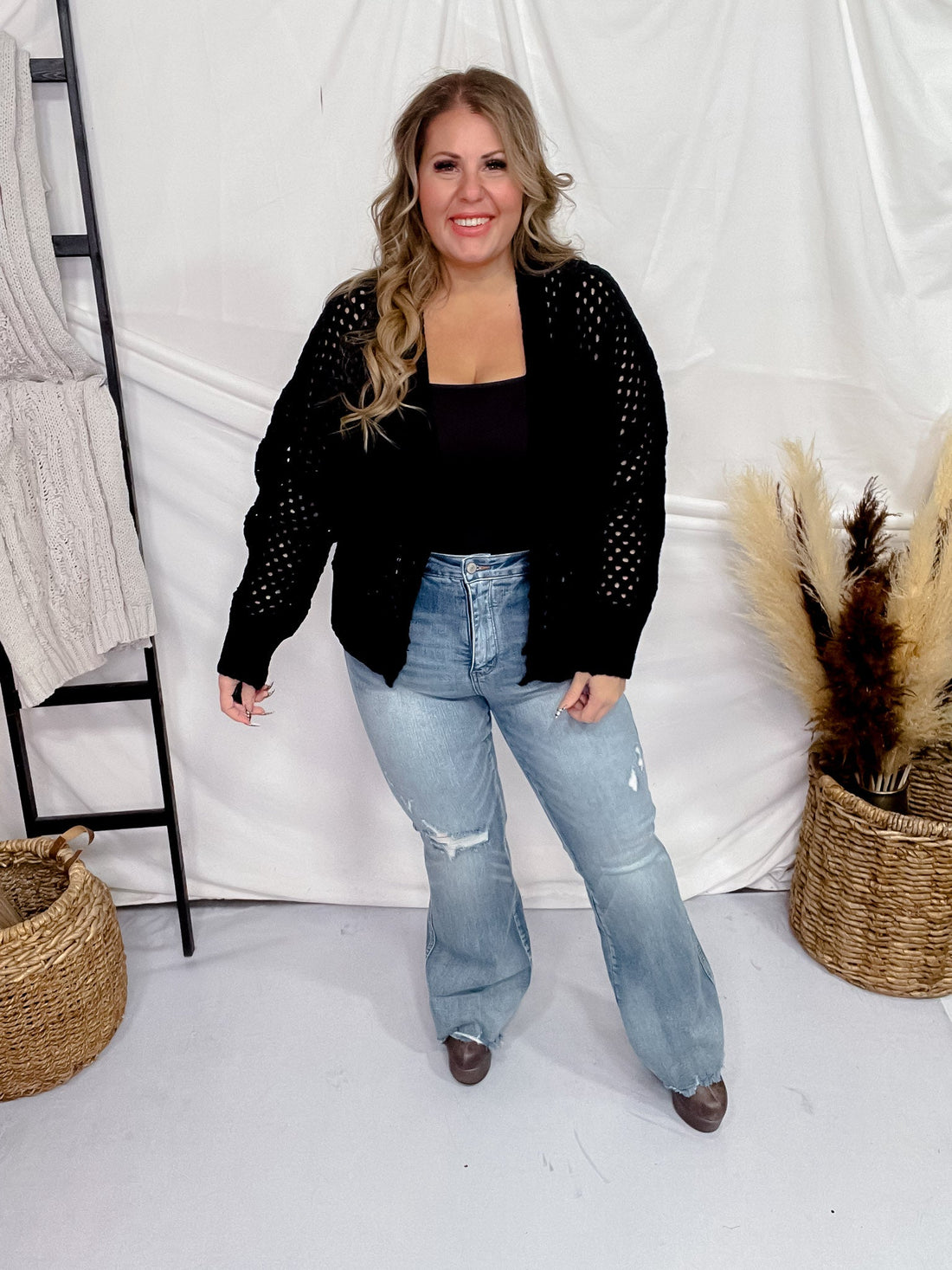 Black Open Front Crochet Cardigan - Whiskey Skies - EE:SOME