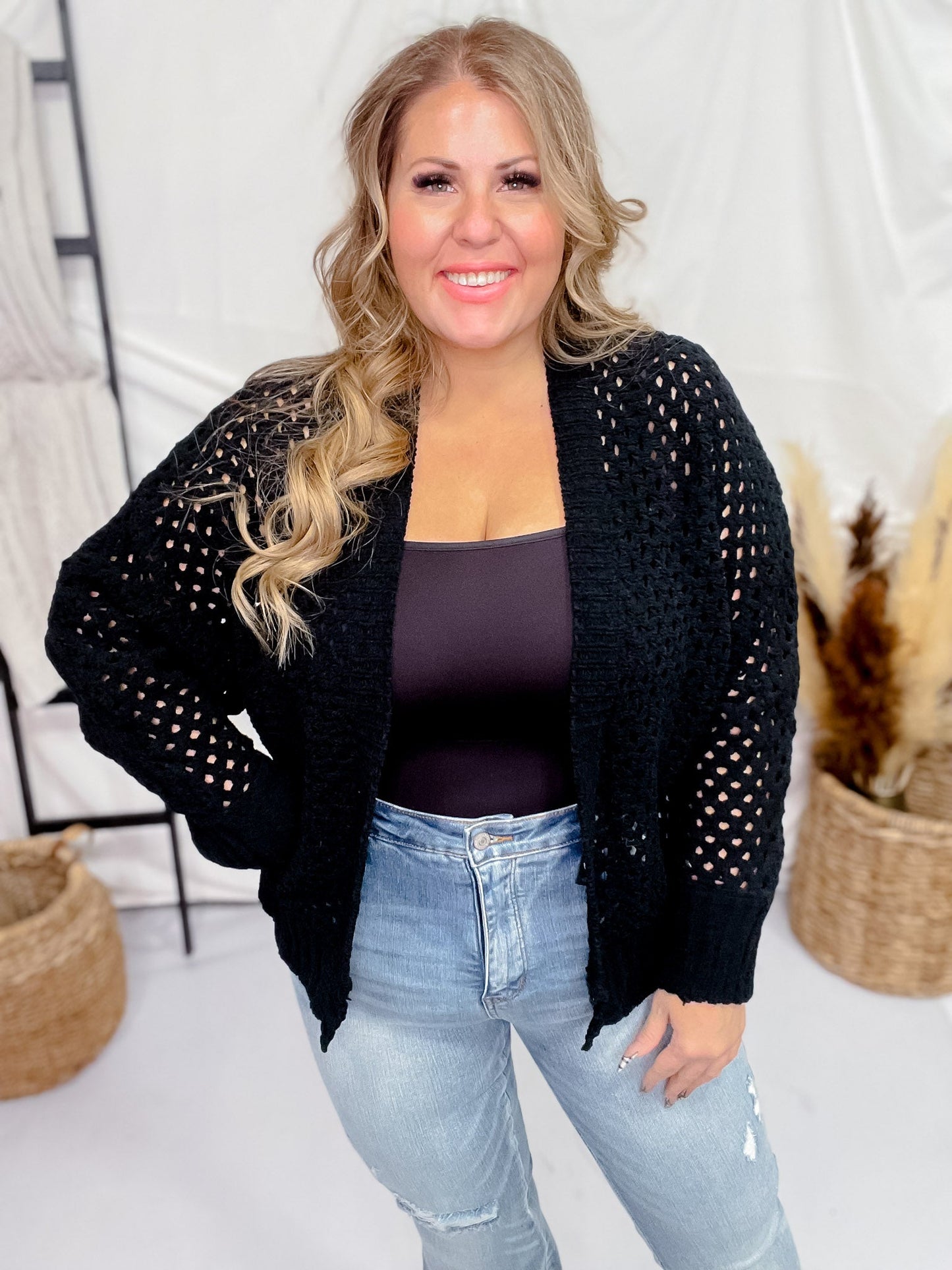 Black Open Front Crochet Cardigan - Whiskey Skies - EE:SOME