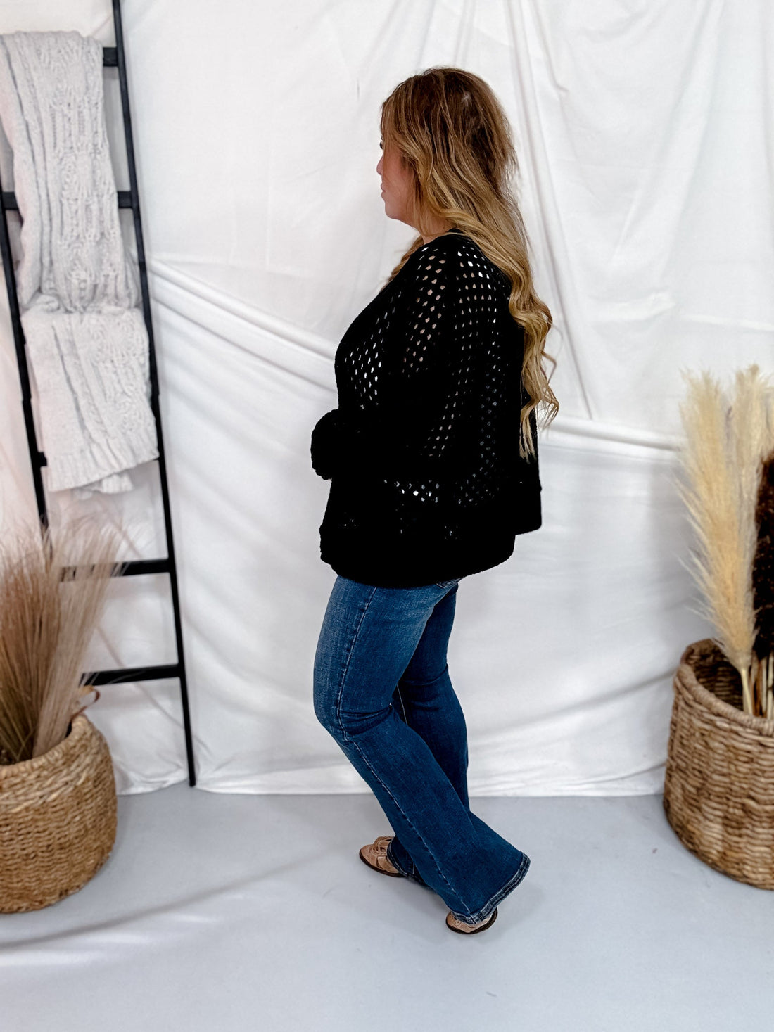 Black Open Front Crochet Cardigan - Whiskey Skies - EE:SOME