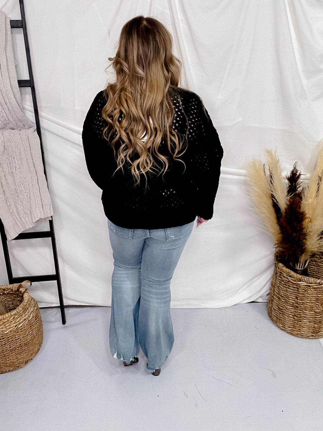 Black Open Front Crochet Cardigan - Whiskey Skies - EE:SOME