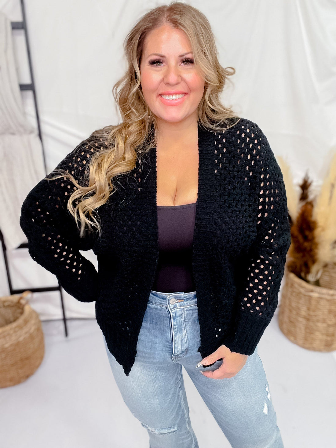 Black Open Front Crochet Cardigan - Whiskey Skies - EE:SOME