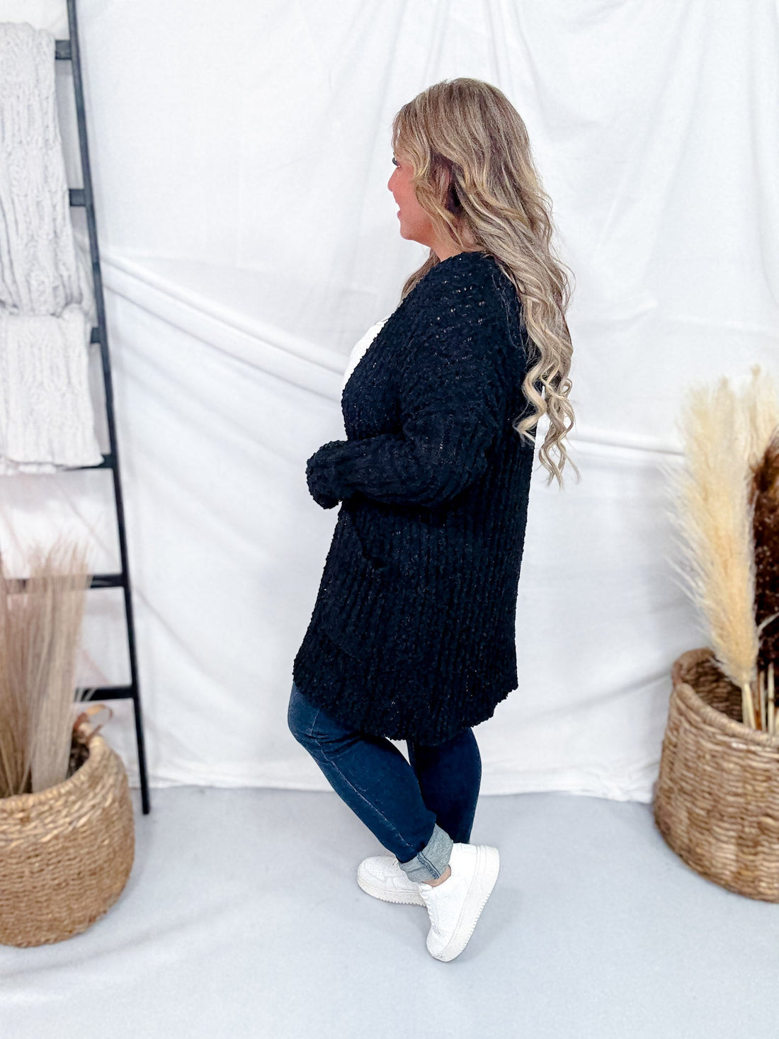 Black Open Front Popcorn Textured Cardigan - Whiskey Skies - SWEET GENERIS