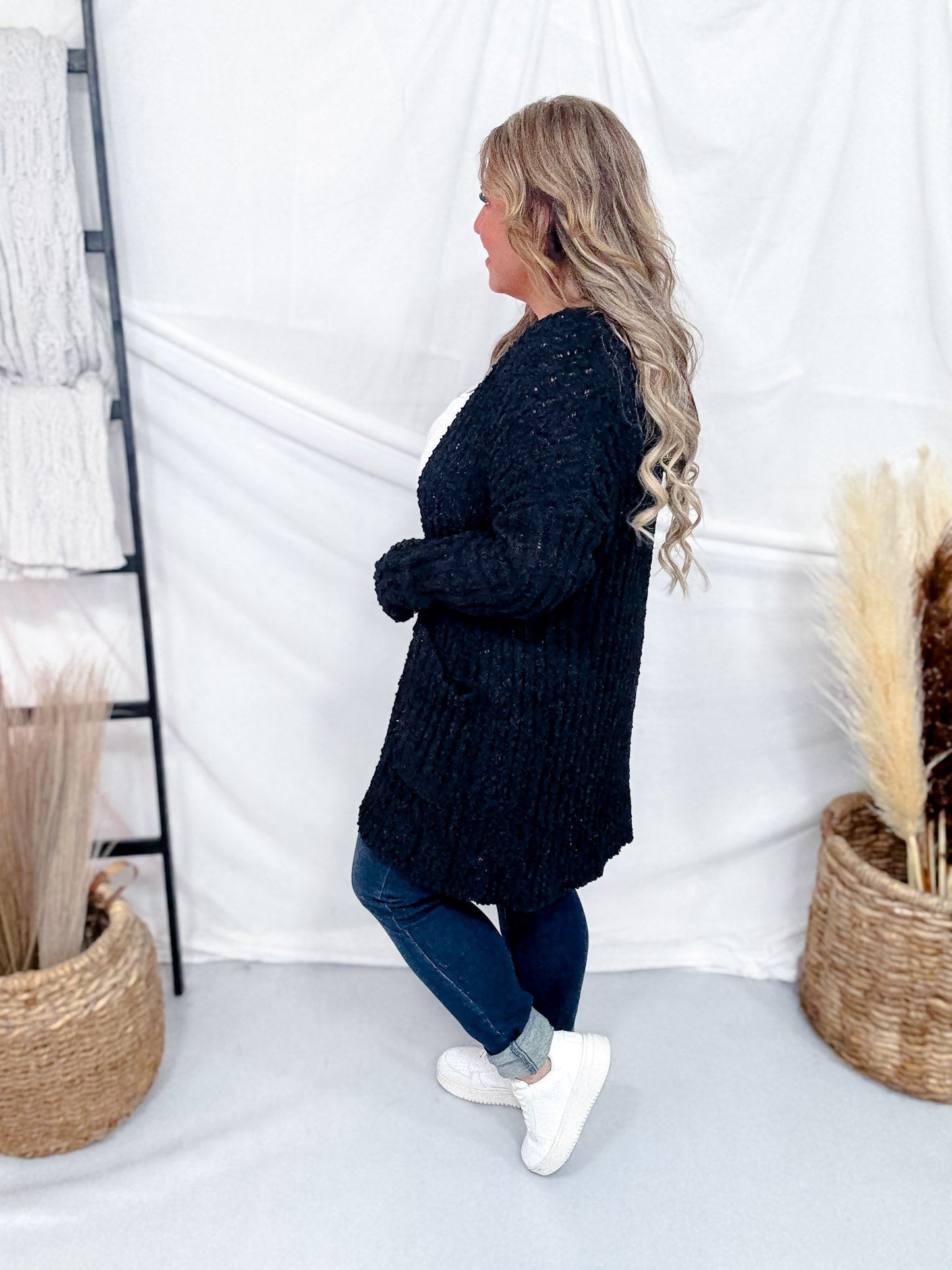 Black Open Front Popcorn Textured Cardigan - Whiskey Skies - SWEET GENERIS