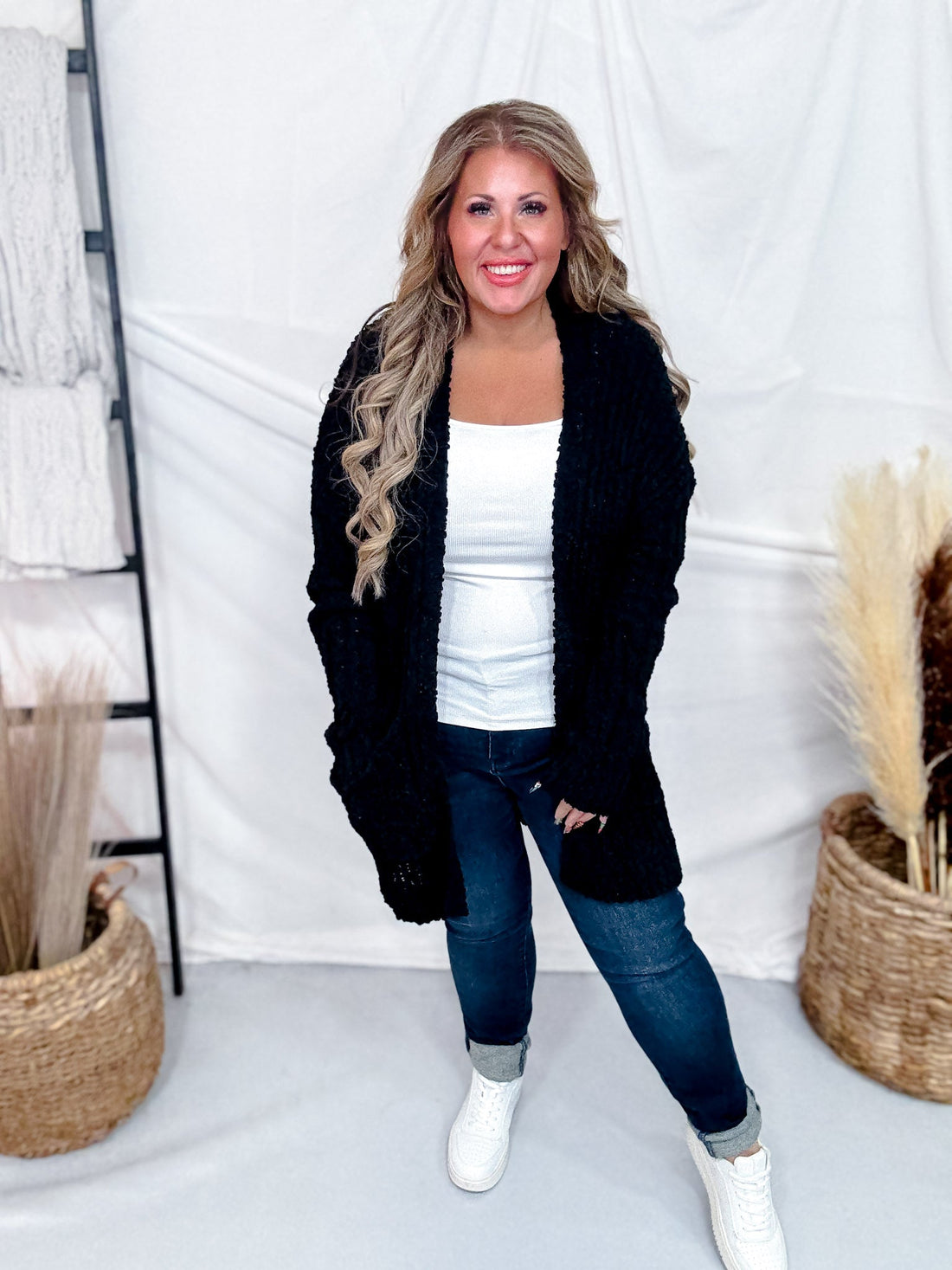 Black Open Front Popcorn Textured Cardigan - Whiskey Skies - SWEET GENERIS