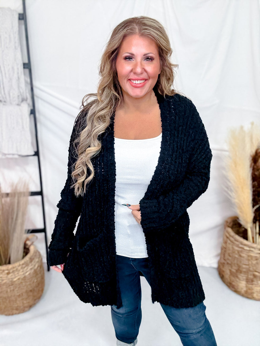 Black Open Front Popcorn Textured Cardigan - Whiskey Skies - SWEET GENERIS