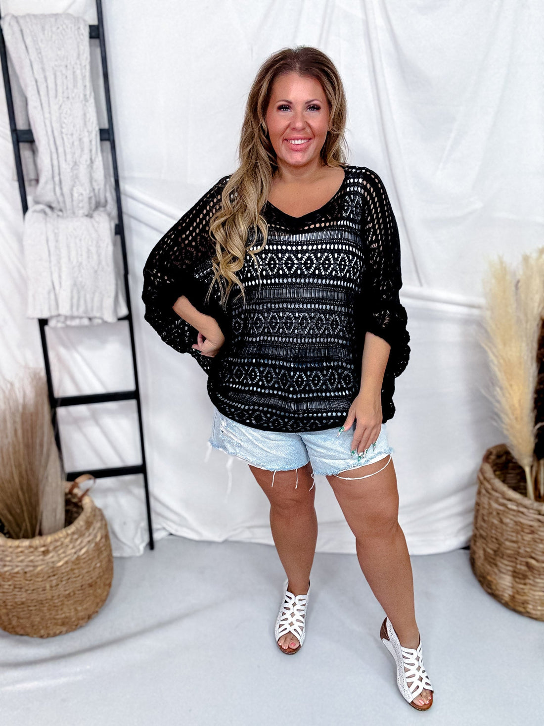 Black Open Knit Cover Up With Dolman Sleeves - Whiskey Skies - COZY CO