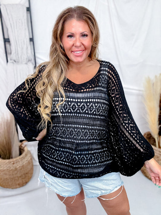 Black Open Knit Cover Up With Dolman Sleeves - Whiskey Skies - COZY CO