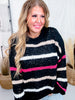 Black Open Knit Top With Pink & Tan Stripes - Whiskey Skies - ANDREE BY UNIT